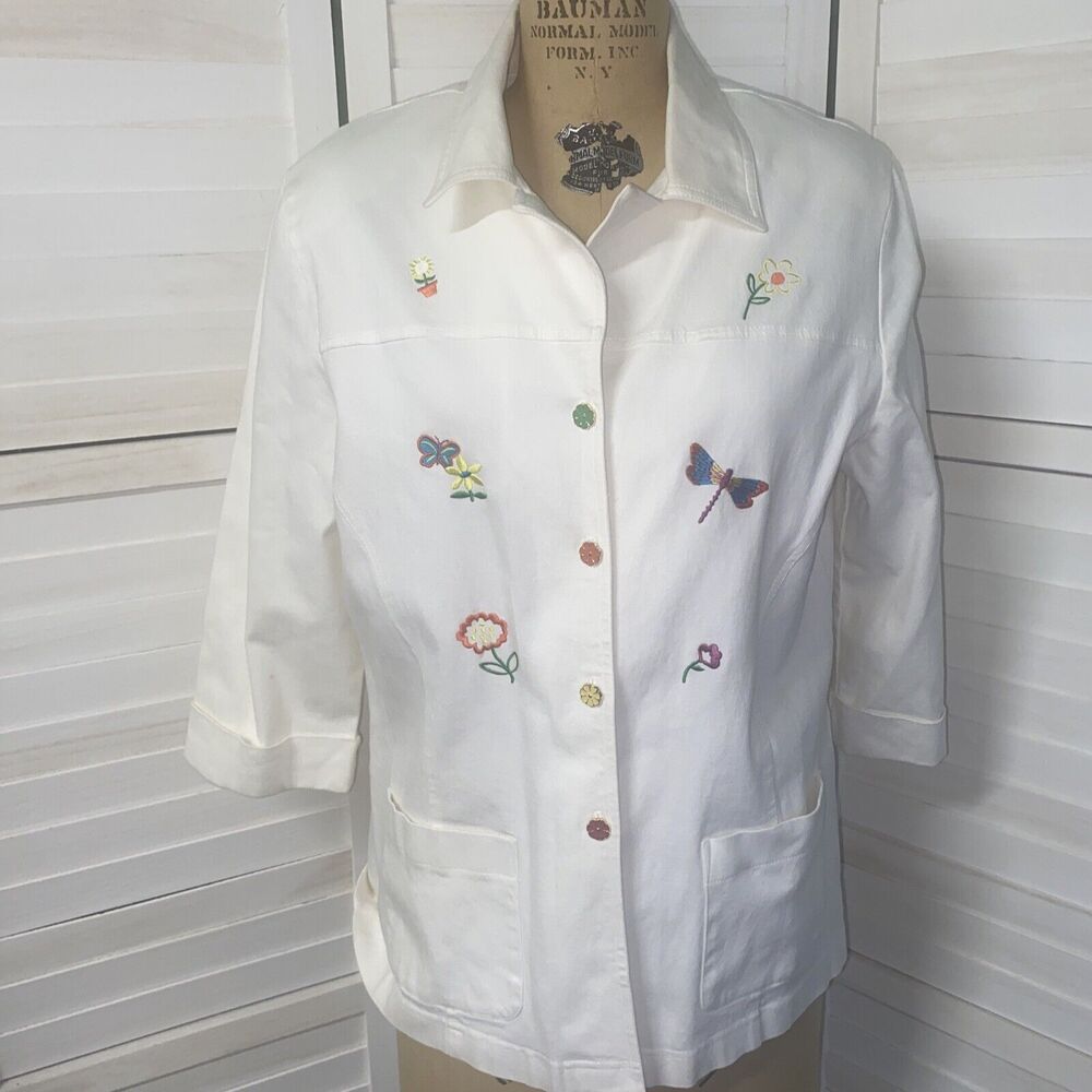 80s 90s AMY JESS White W/ Floral Embroidery JACKET Shacket Button Front Medium